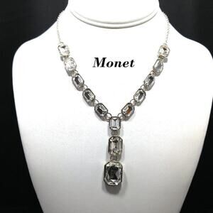 Monet Clear Rhinestone Y Necklace Silver Tone Crystal Statement Jewelry